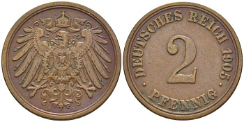 ГЕРМАНИЯ 2 ПФЕННИГА 1905 A KM 16, J. 11, Weege 4 медь 206-515