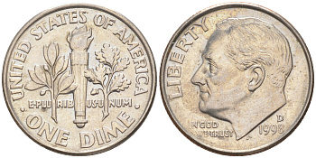 США 10 ЦЕНТОВ = 1 ДАЙМ 1998 D, РУЗВЕЛЬТ KM 195a медь плакированная медно-никелем 187-1121