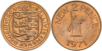 Гернси 2 пенса 1971 Елизавета II (1952-2022), ветряная мельница KM 22 бронза 4153-712