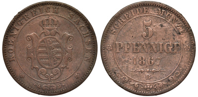 Саксония 5 пфеннигов 1867 B, Иоганн (1854-1873) KM 1218 медь 4681-1242