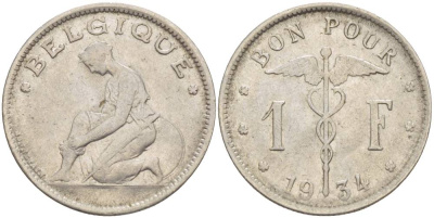 БЕЛЬГИЯ 1 ФРАНК 1934 BELGIQUE KM 89 никель 4546-226
