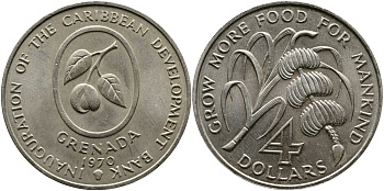 Гренада 4 доллара 1970 FAO, открытие Карибского Банка Развития KM 15 медно-никель UNC 00-000-00