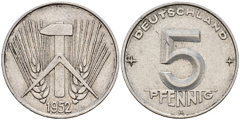 ГДР 5 пфеннигов 1952 А KM 6 алюминий    4160-1268