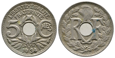 ФРАНЦИЯ 5 САНТИМОВ 1934 ТИП ЛИНДАЙЁ KM 875 медно-никель 4364-1156