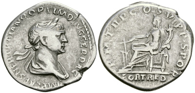 Римская Империя денарий 114 - 117 Траян PM TR P COS VI PP SPQR FORT RED Фортуна, персонификация Удачи Рим Very fine RIC 318 серебро 1073-4-3-2