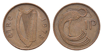 Ирландия 1 пенни 1975 мифологическая птица лира KM 20 бронза 4687-924