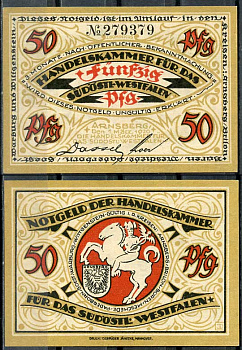 Германия, Арнсберг 50 пфеннигов 1920 нотгельд, 1.7.1919 Tie.0195/02  бумага  UNC (пресс) 444-82-3-2