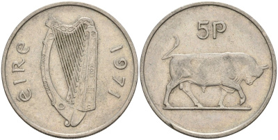 Ирландия 5 пенсов 1971 бык KM 22 медно-никель 4146-524