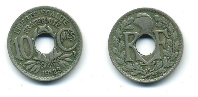 ФРАНЦИЯ 10 САНТИМОВ 1923 tb, ТИП ЛИНДАЙЁ, МОНЕТНЫЙ ДВОР ПУАССИ, МОЛНИЯ KM 866а медно-никель 84-339