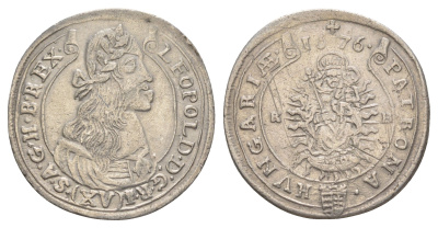 Венгрия 15 крейцеров 1676 KB, Леопольд I (1657-1705) KM 175, EH 1058 серебро 650-724