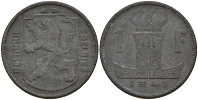 Бельгия 1 франк 1941 Belgique - Belgie, Леопольд III (1934-1947), германская оккупация, Вторая мировая война KM 127 цинк 4161-411