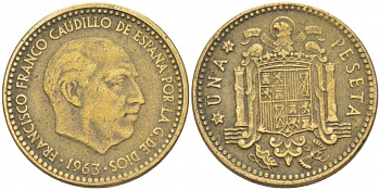 ИСПАНИЯ 1 ПЕСЕТА 1963 (66) ФРАНСИСКО ФРАНКО ДИКТАТОР ИСПАНИИ (1939-1975) KM 775 алюминиевая бронза 87-1443