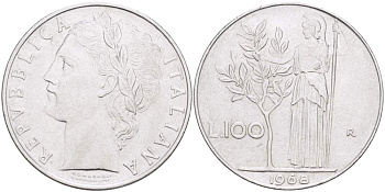 ИТАЛИЯ 100 ЛИР 1968 R, АФИНА KM 96.1 нержавеющая сталь 4526-323