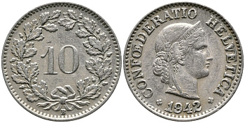ШВЕЙЦАРИЯ 10 РАППЕНОВ 1942 В KM 27 медно-никель 4539-441