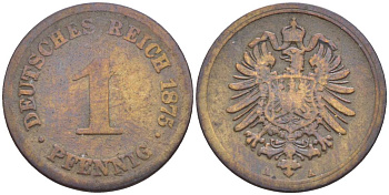 ГЕРМАНИЯ 1 ПФЕННИГ 1875 А, СТАРОГЕРБОВКА KM 1, Jager. 1, Weege 1 медь 4528-1055