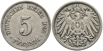 ГЕРМАНИЯ 5 ПФЕННИГОВ 1903 E KM 11, Jager 12, Weege 6 медно-никель 4547-432