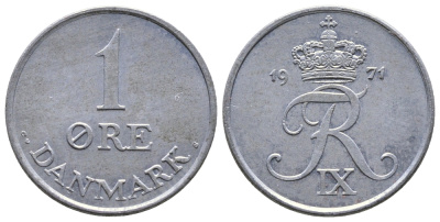 Дания 1 эре 1971 С; S, Фредерик IX (1947-1972) KM 839.2 цинк UNC 220-449