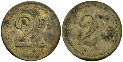 Франция 2 франка XIX-XX век ресторанный жетон латунь 4166-941