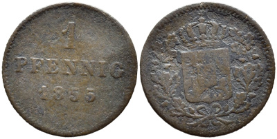 Бавария 1 пфенниг 1855 KM 450 медь 261-1117