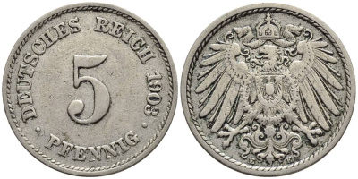ГЕРМАНИЯ 5 ПФЕННИГОВ 1903 E KM 11, Jager 12, Weege 6 медно-никель 4547-432