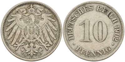 ГЕРМАНИЯ 10 ПФЕННИГОВ 1902 D KM 12, J. 13 медно-никель 4401-1241