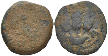 Иудея, династия Ирода прута 41/42 год Агриппа I, греческая легенда 'царь Агриппа', зонт / три хлебных колоса, дата (6-й год правления), Иерусалим Hendin 1244 медь 1073-21-41