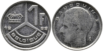 Бельгия 1 франк 1989 Belgique, Бодуэн I (1951-1993) KM 170 железо плакированное никелем 99-1219