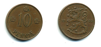 Финляндия 10 пенни 1922 республика (1918-1962) KM 24 медь 46-564