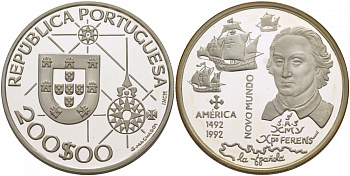Португалия 200 эскудо 1992 АМЕРИКА-НОВЫЙ МИР KM 660а серебро PROOF 00-00