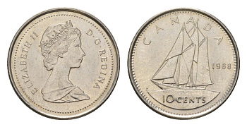 Канада 10 центов 1988 Елизавета II (1952-2022), парусник KM 77.2 никель aUNC 4627-726