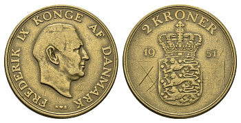 Дания 2 кроны 1951 N, Фредерик IX (1947-1972) KM 838 алюминиевая бронза 4593-1046
