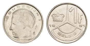 Бельгия 1 франк 1991 Belgie, Бодуэн I (1951-1993) KM 171 нержавеющая сталь 4632-559