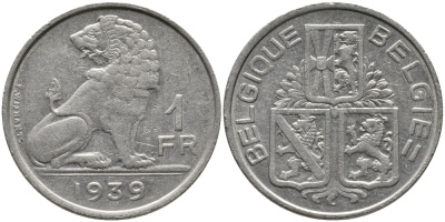 Бельгия 1 франк 1939 Леопольд III (1934-1950), Belgique-Belgie, лев KM 119 никель 4384-527