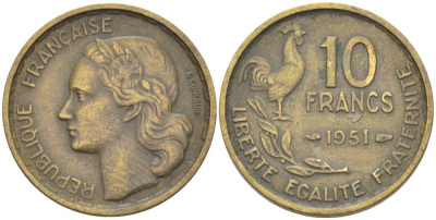 Франция 10 франков 1951 петух KM 915.1, Le Franc 363.4 алюминиевая бронза 175-627