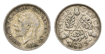 Великобритания 3 пенса 1935 Георг V (1910-1936) KM 831, Spink 4042 серебро 100-719