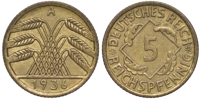 Германия 5 рейхспфеннигов 1936 A KM 39, J. 316 алюминиевая бронза 4602-1247
