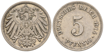 Германия 5 пфеннигов 1914 A, KM 11, J. 12 медно-никель 220-732