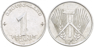ГДР 1 ПФЕННИГ 1952 А KM 5 алюминий 3955-539