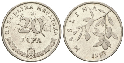 Хорватия 20 лип 1993 нечетный год KM 7 сталь плакированная никелем  UNC  4124-1236