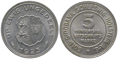 Шлезвиг-Гольштейн (Пруссия) 5?100 марки 1923 Funck 642.1, KM Tn1, Men18 16296.1 алюминий UNC 4610-532