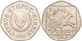 Кипр 50 центов 1994 ВСАДНИК KM 66 медно-никель 65-751