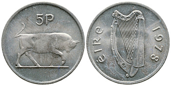 ИРЛАНДИЯ 5 ПЕНСОВ 1978 БЫК KM 22 медно-никель 89-335