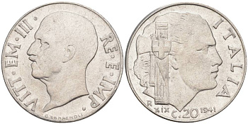 ИТАЛИЯ 20 ЧЕНТЕЗИМО 1941 R, ГОД XIX, ВИКТОР ЭММАНУИЛ III (1900-1946) KM 75b, VEM3. 1028 нержавеющая сталь 3853-634