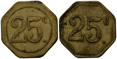Франция 25 сантимов XIX-XX век ресторанный жетон латунь 4166-436