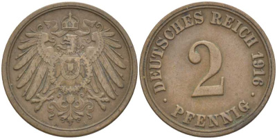 Германия 2 пфеннига 1916 A KM 16, J. 11, Weege 4 медь 212-424