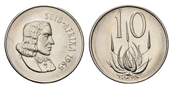ЮАР 10 центов 1965 Ян ван Рибек (1619-1677), Suid Africa, легенда на африкаанс, цветок алоэ KM 68.2 никель UNC 4690-947