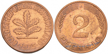 ФРГ 2 ПФЕННИГА 1975 J KM 106a, J.381a сталь плакированная сталь плакированная медьюю 4532-1255