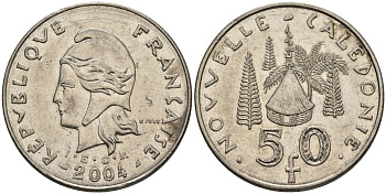 Французская Новая Каледония 50 франков 2004 хижина среди сосен и пальм, (IEOM) KM 13, Schoen 15, Lec 121 никель 4144-225