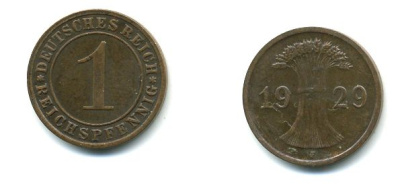 ГЕРМАНИЯ 1 РЕЙХСПФЕННИГ 1929 F KM 37, J. 313 бронза 46-917