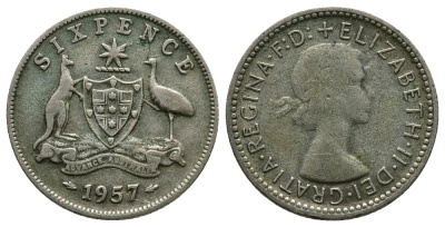 Австралия 6 пенсов 1957 Елизавета II (1952-2022) KM 58 серебро     89-1342